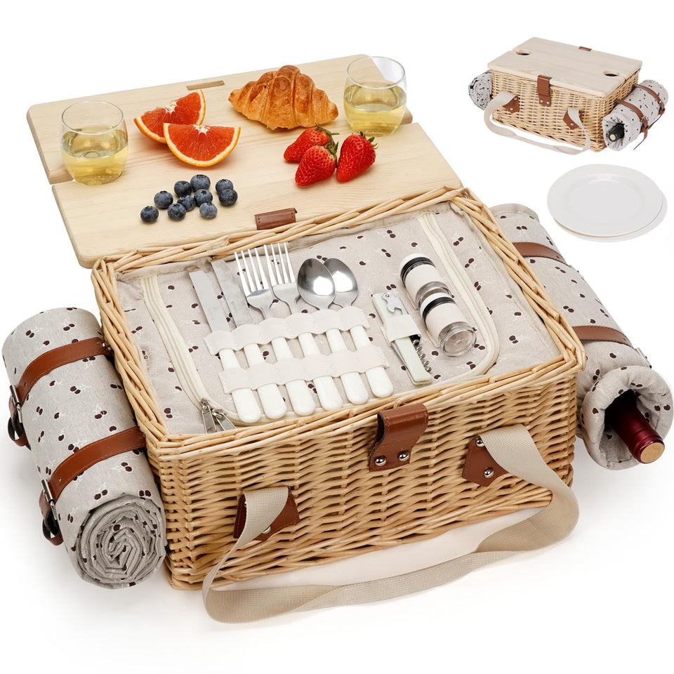 HappyPicnic handmade wicker picnic basket, inviting for two outdoors.