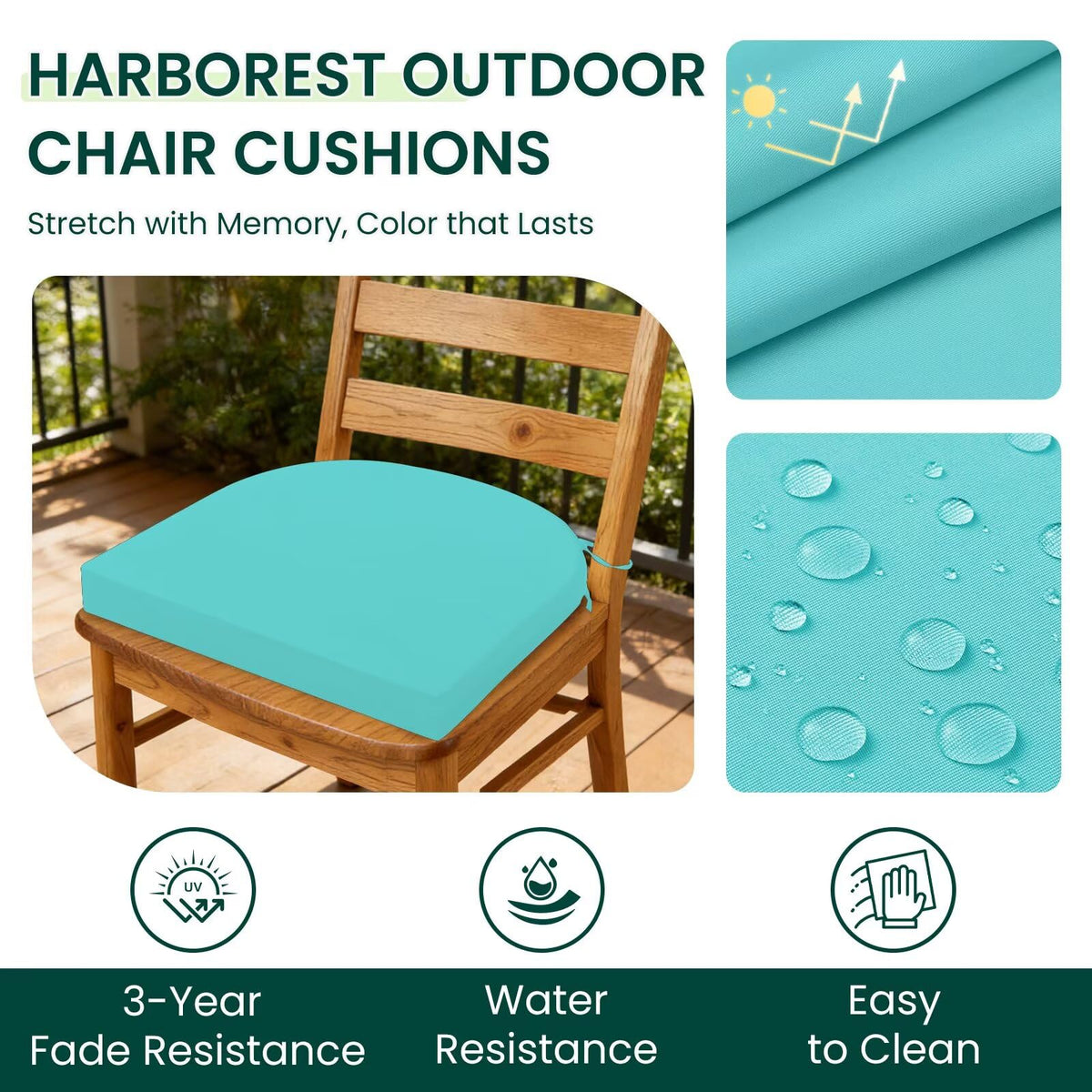 HARBOREST teal ties closeup showing secure attachment to prevent cushion shifting.