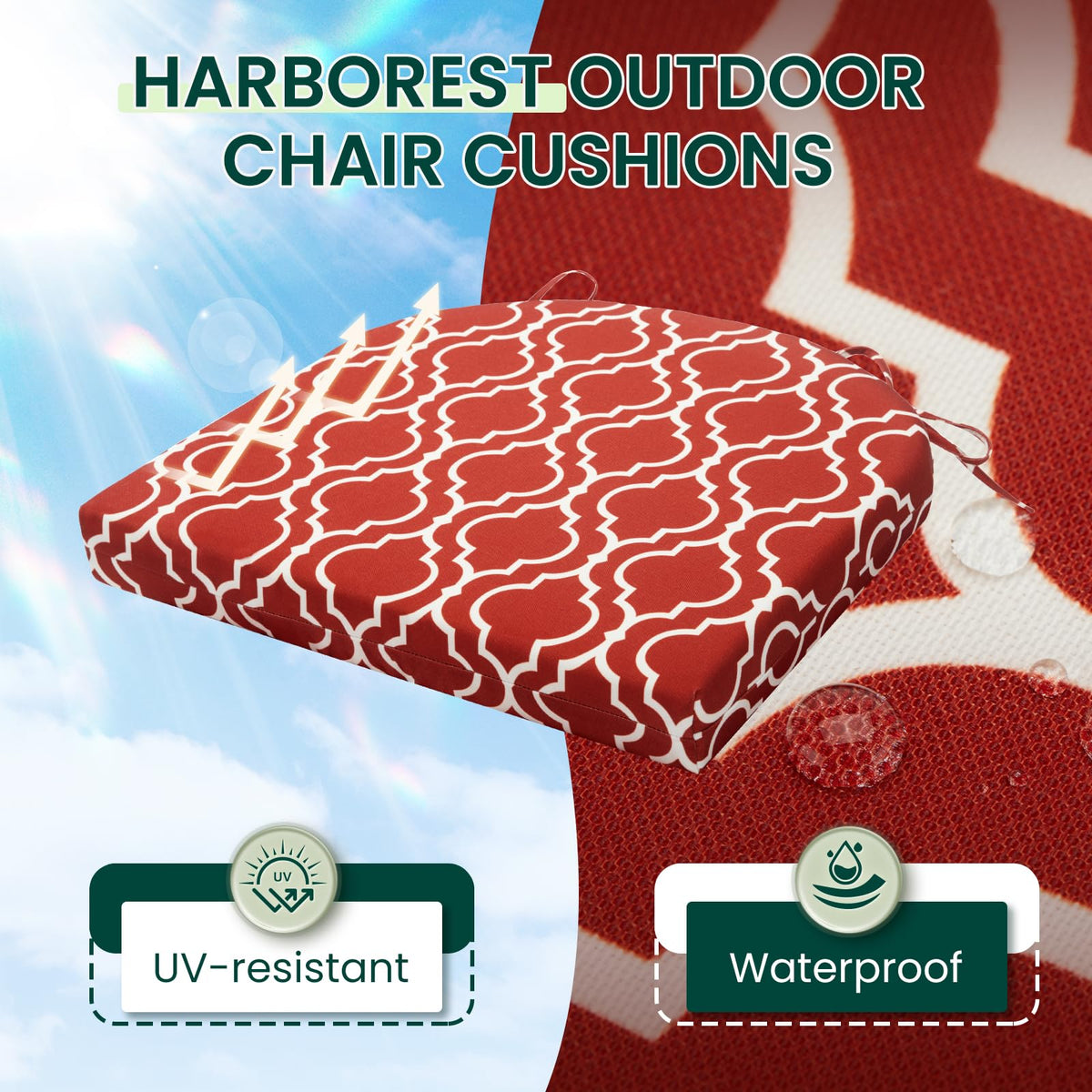 HARBOREST cushions with attached ties secure to chairs and prevent slipping
