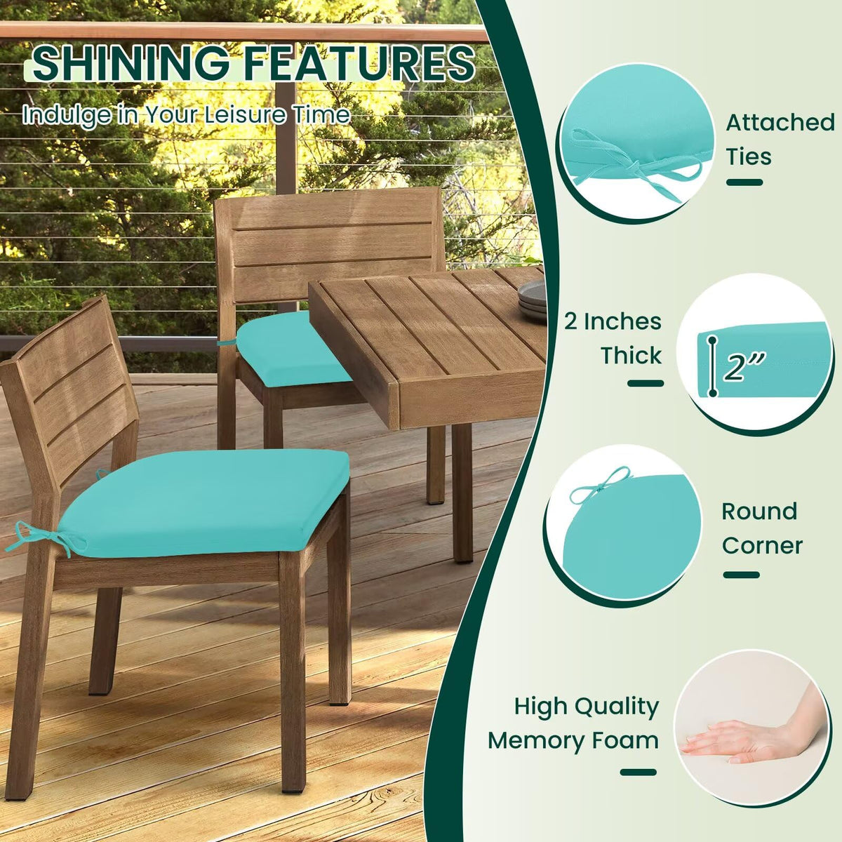HARBOREST teal cushions on patio furniture demonstrating water-resistant fabric durability.