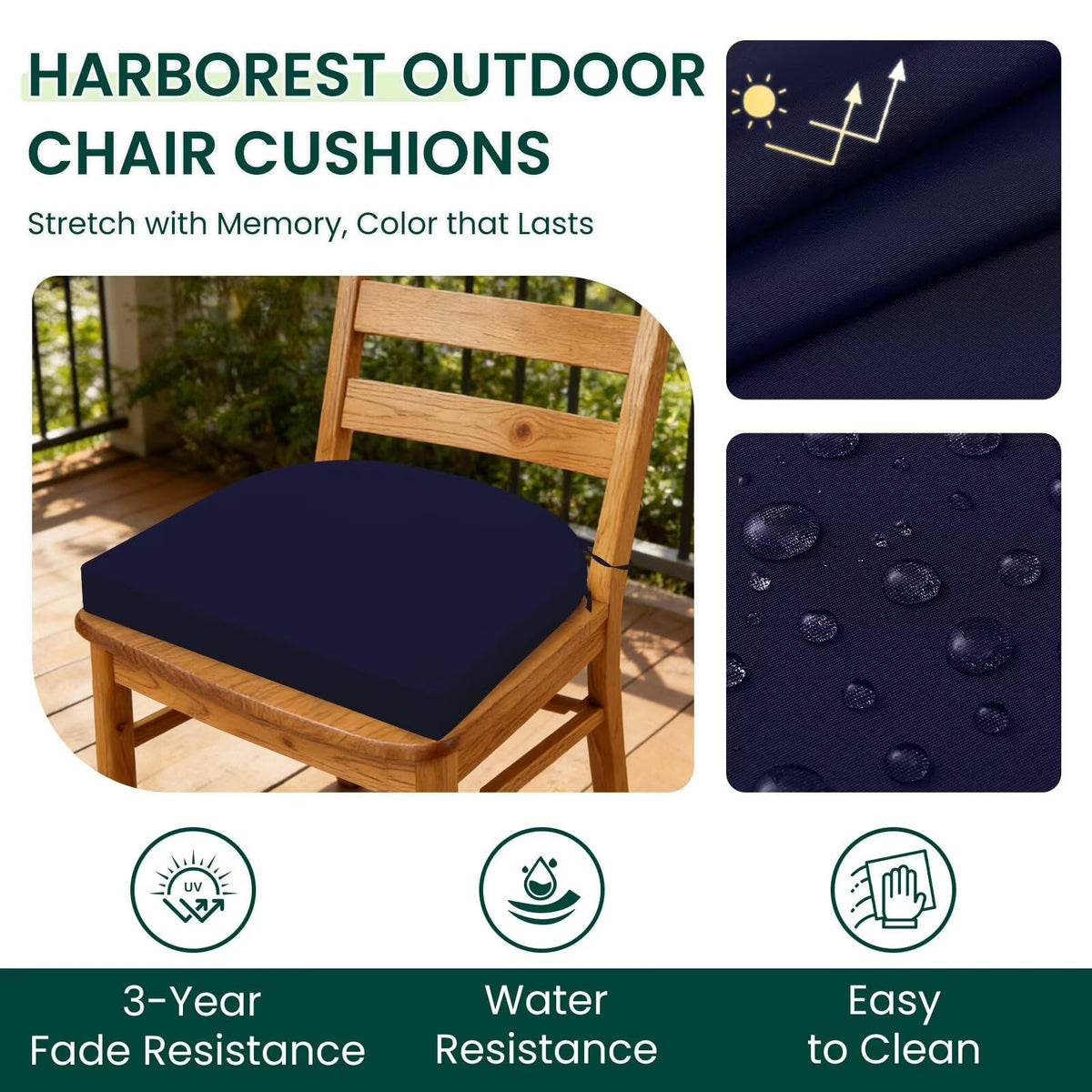 HARBOREST cushions show water-resistant polyester fabric for outdoor upkeep.
