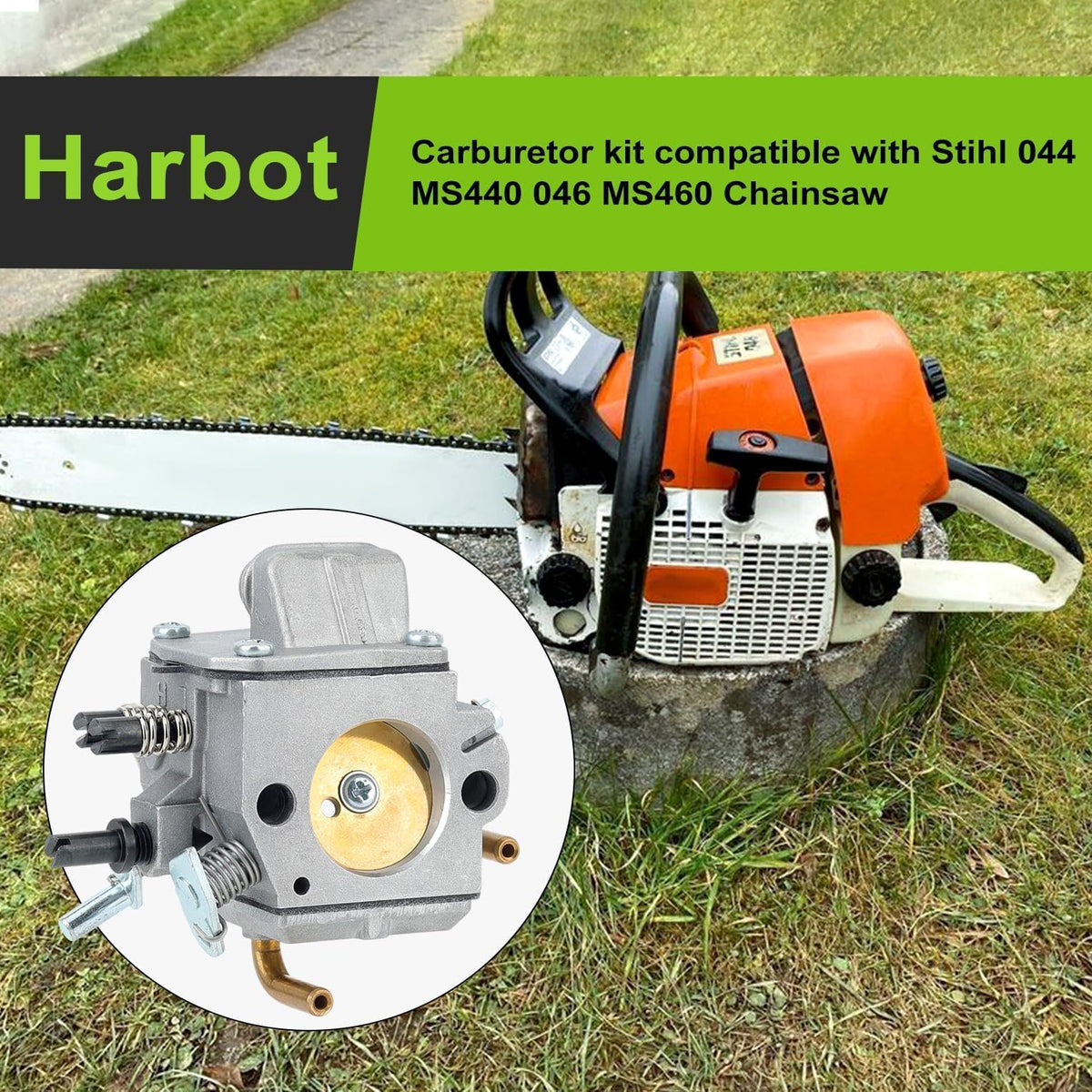 Harbot MS440 carburetor kit top view, highlighting precise calibration.
