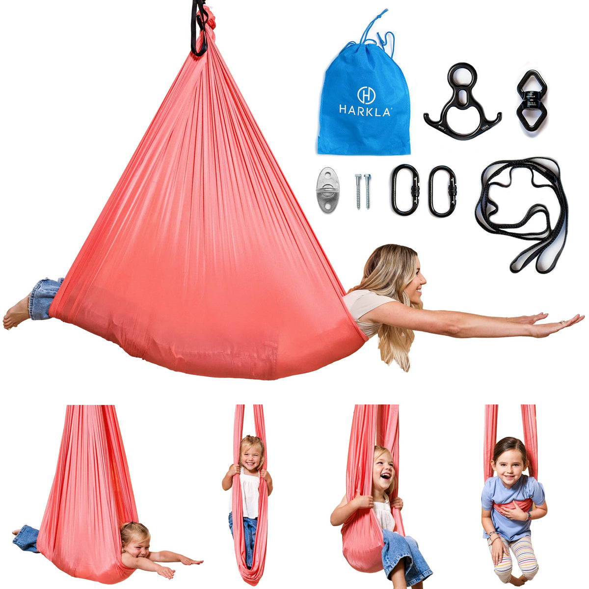 Harkla pink sensory swing offers hug-like calming for kids and adults.