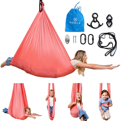 Harkla pink sensory swing offers hug-like calming for kids and adults.