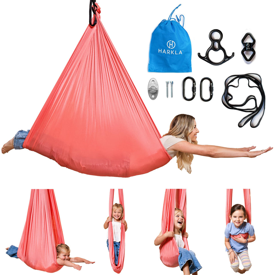 Harkla pink sensory swing offers hug-like calming for kids and adults.