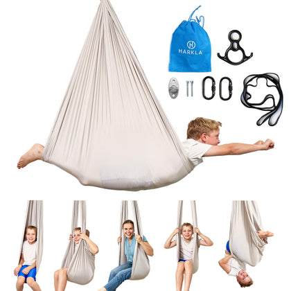 Harkla Sensory Swing gray 100-inch hanging setup for indoor use and calm focus.