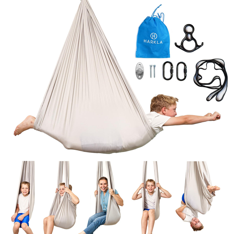 Harkla Sensory Swing gray 100-inch hanging setup for indoor use and calm focus.