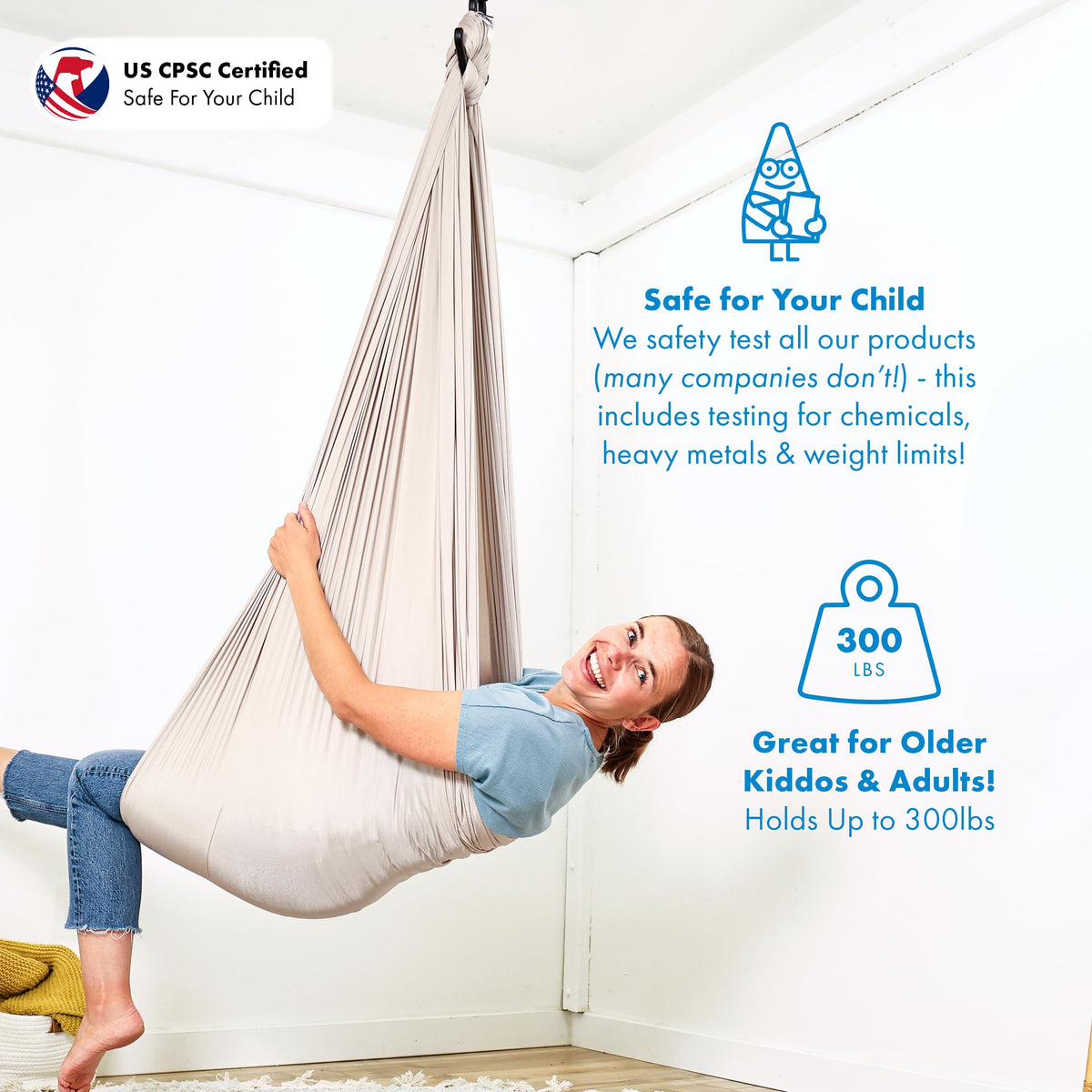 Harkla Sensory Swing gray with soft nylon cloth, washable for easy cleaning.
