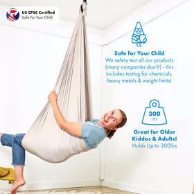 Harkla Sensory Swing gray with soft nylon cloth, washable for easy cleaning.