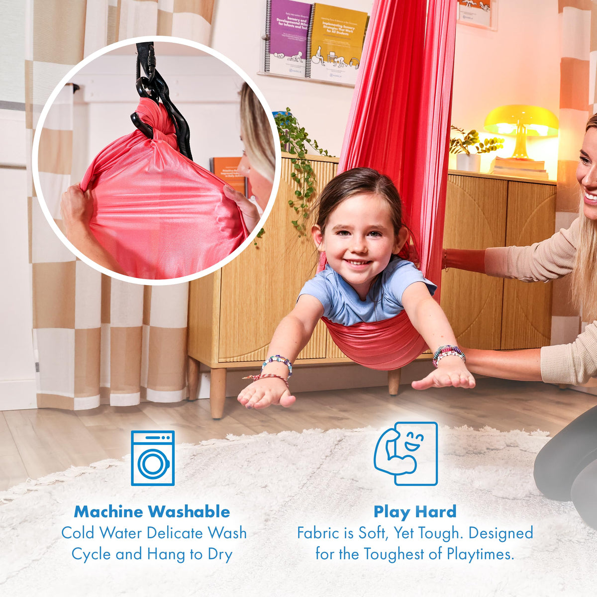 Harkla hug-like calming swing helps with calming and focus during play.