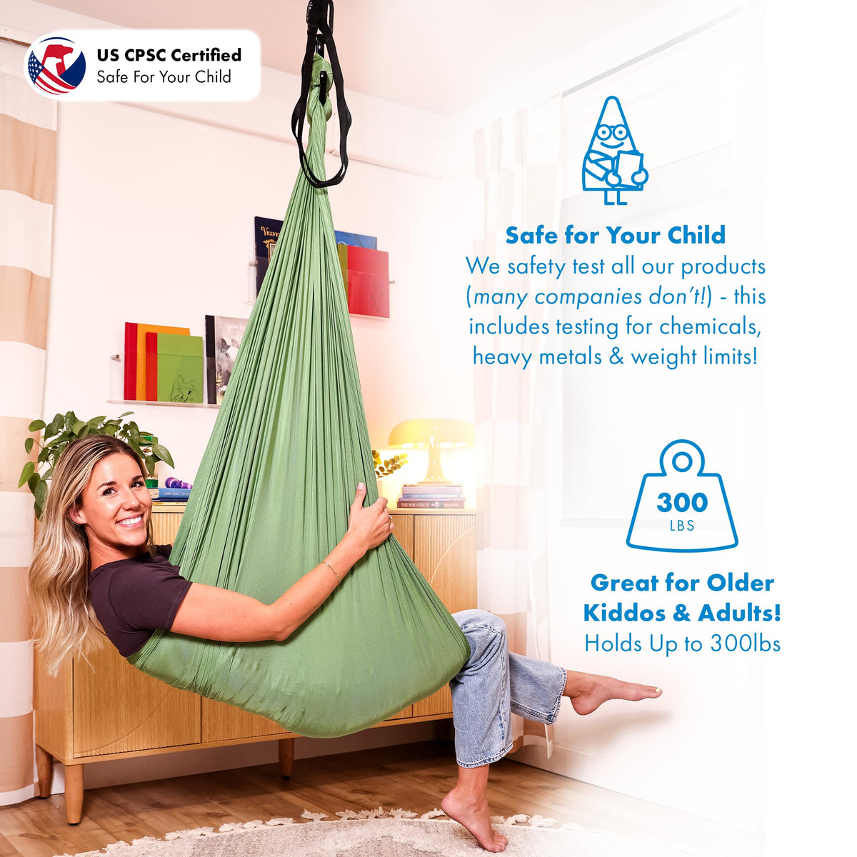 Harkla sensory swing suitable for indoor or outdoor use in green