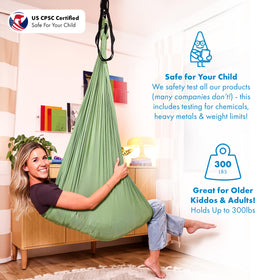 Harkla sensory swing suitable for indoor or outdoor use in green