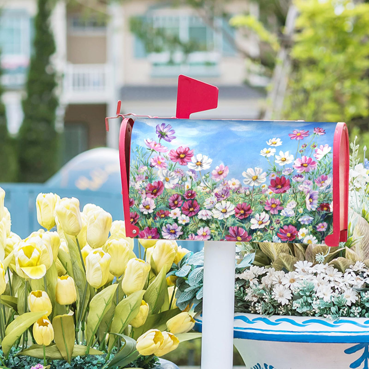 Harooni decorative mailbox cover creates a distinctive welcoming entrance.