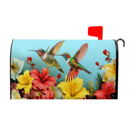 Harooni mailbox cover featuring spring flowers and hummingbirds for outdoor curb appeal.
