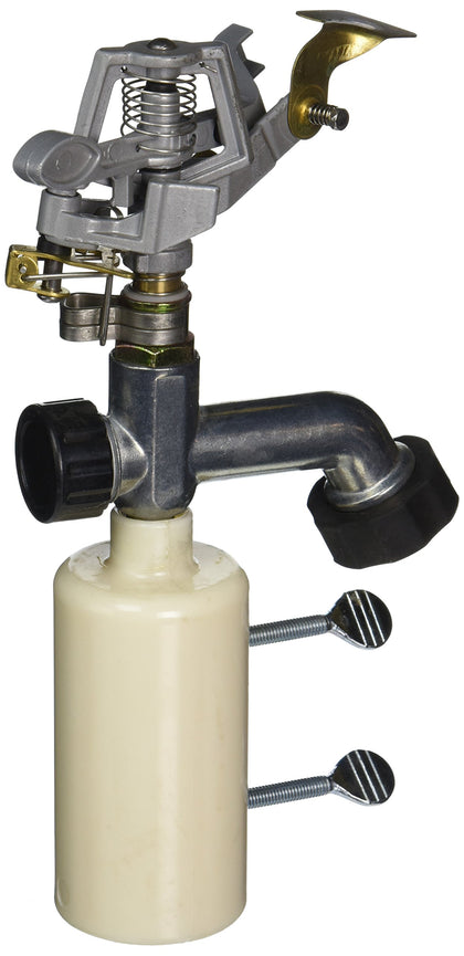 Harris Farms T Post Sprinkler front view, rugged fence-mount design for field irrigation