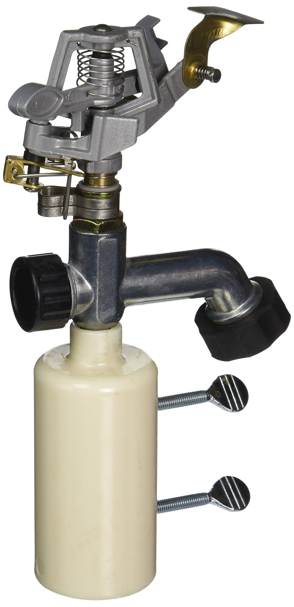 Harris Farms T Post Sprinkler front view, rugged fence-mount design for field irrigation