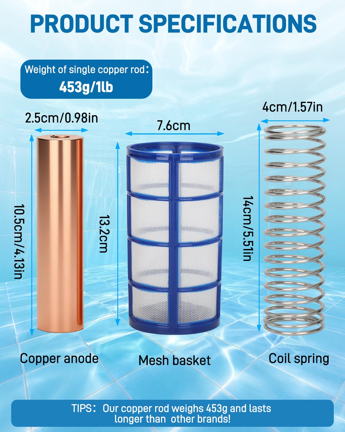 Harsire copper anode kit shows spring, basket and screw components