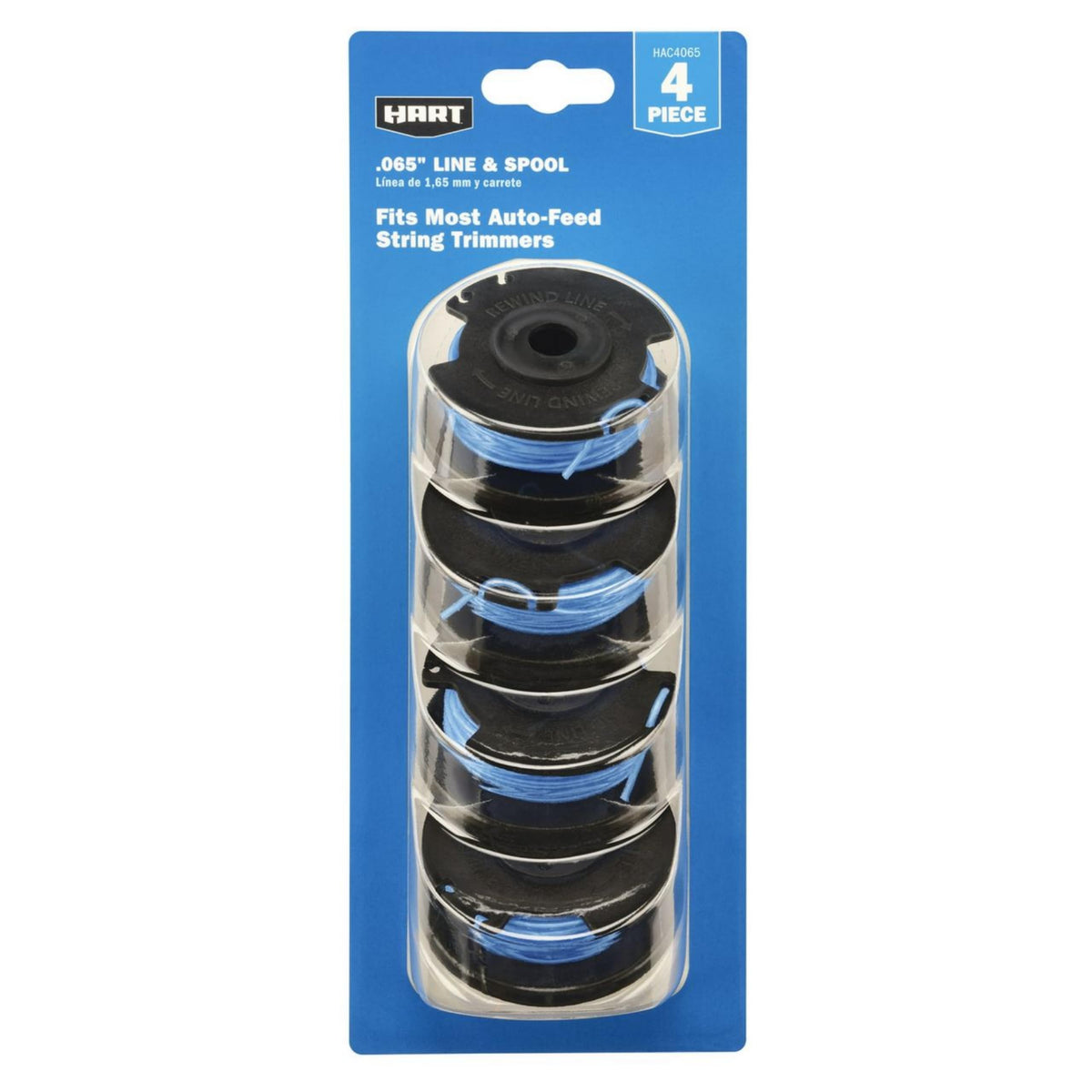 Hart .065 replacement spools show durable nylon trimmer line for reliable lawn trimming.