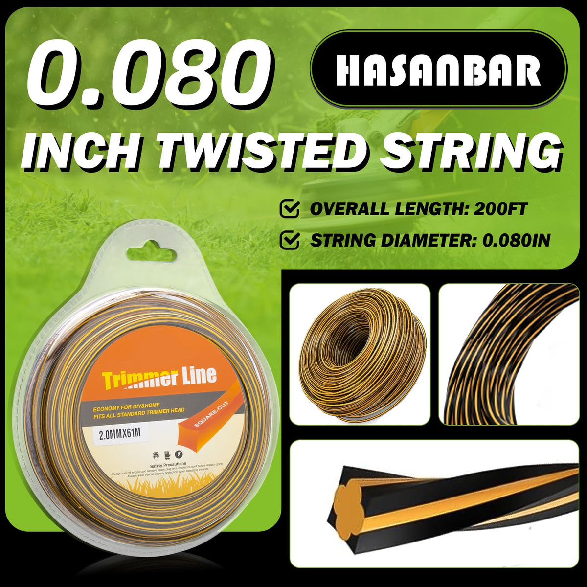 Hasanbar 0.080-inch line close-up showing rugged texture for reliable cutting