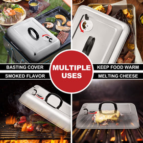 HaSteeL dome on griddle covering multiple patties and vegetables