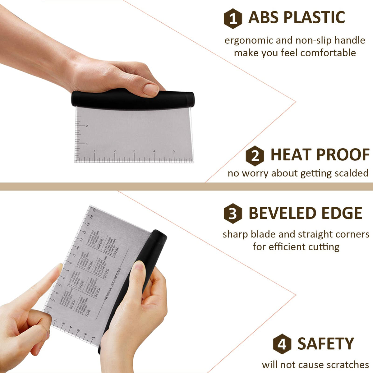 HaSteeL dough bench scraper measurements show inches and centimeters for even cuts.