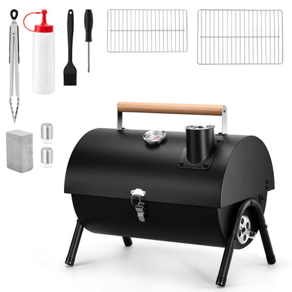 HaSteeL portable charcoal grill with lid thermometer provides precise heat control during cooking.