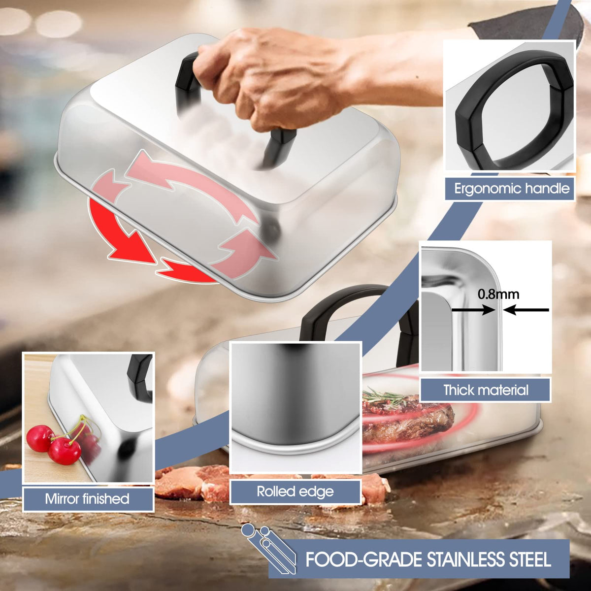 HaSteeL dome rolled rim detail preventing drips during cooking