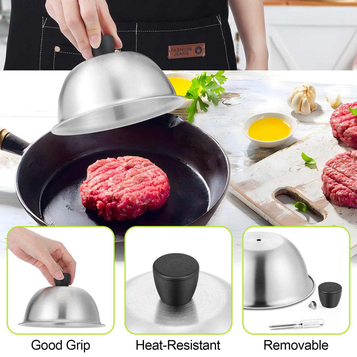 HaSteeL teppanyaki dome lid in use on skillet
