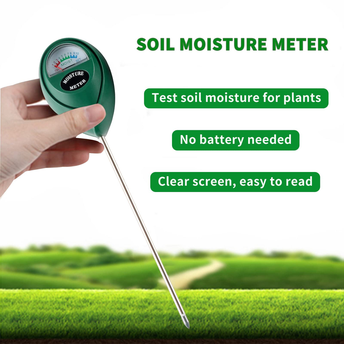 Hathdia soil moisture meter probe in soil demonstrates root-level moisture testing.