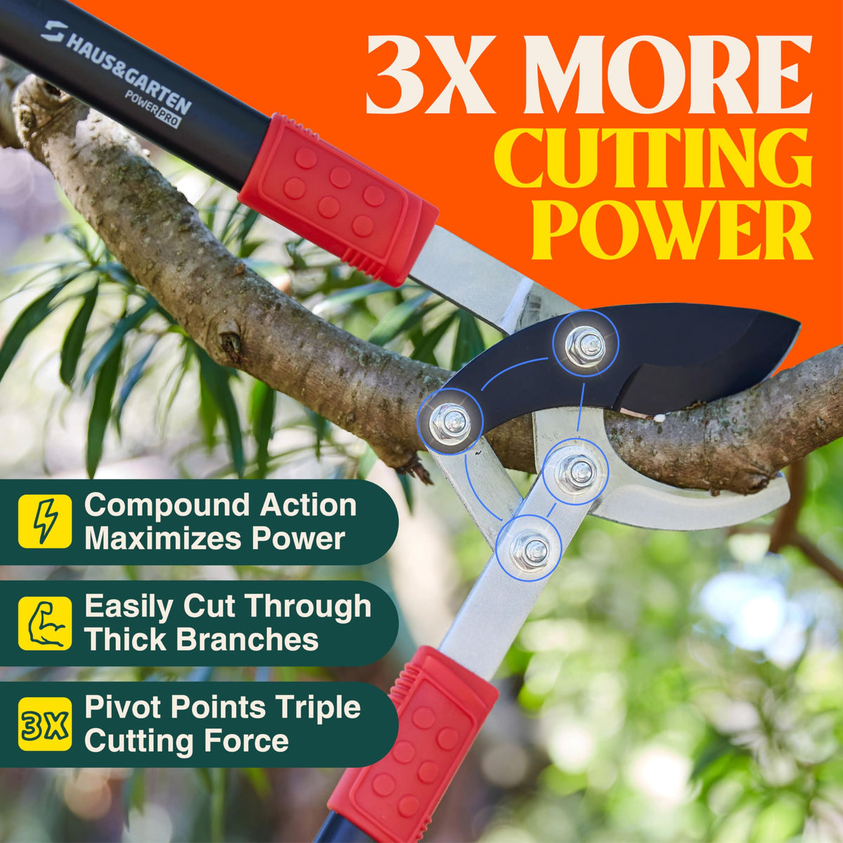 Haus and Garten PowerPRO loppers ergonomic handle grip for comfort during pruning.