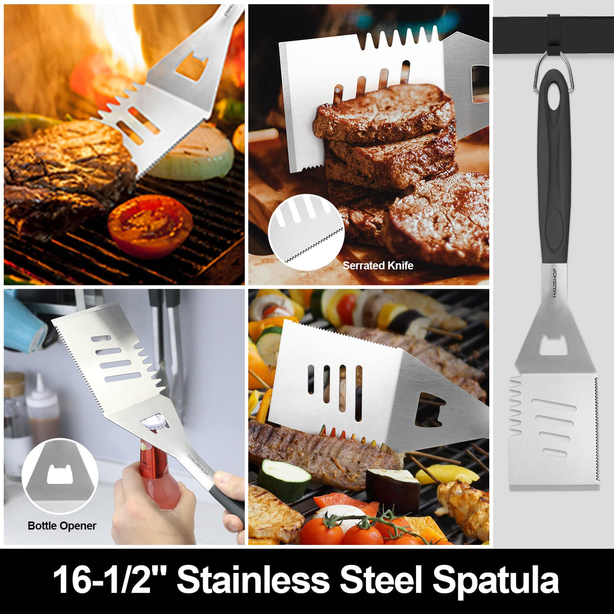 HAUSHOF grill fork with curved tines provides secure food grip during barbecue.