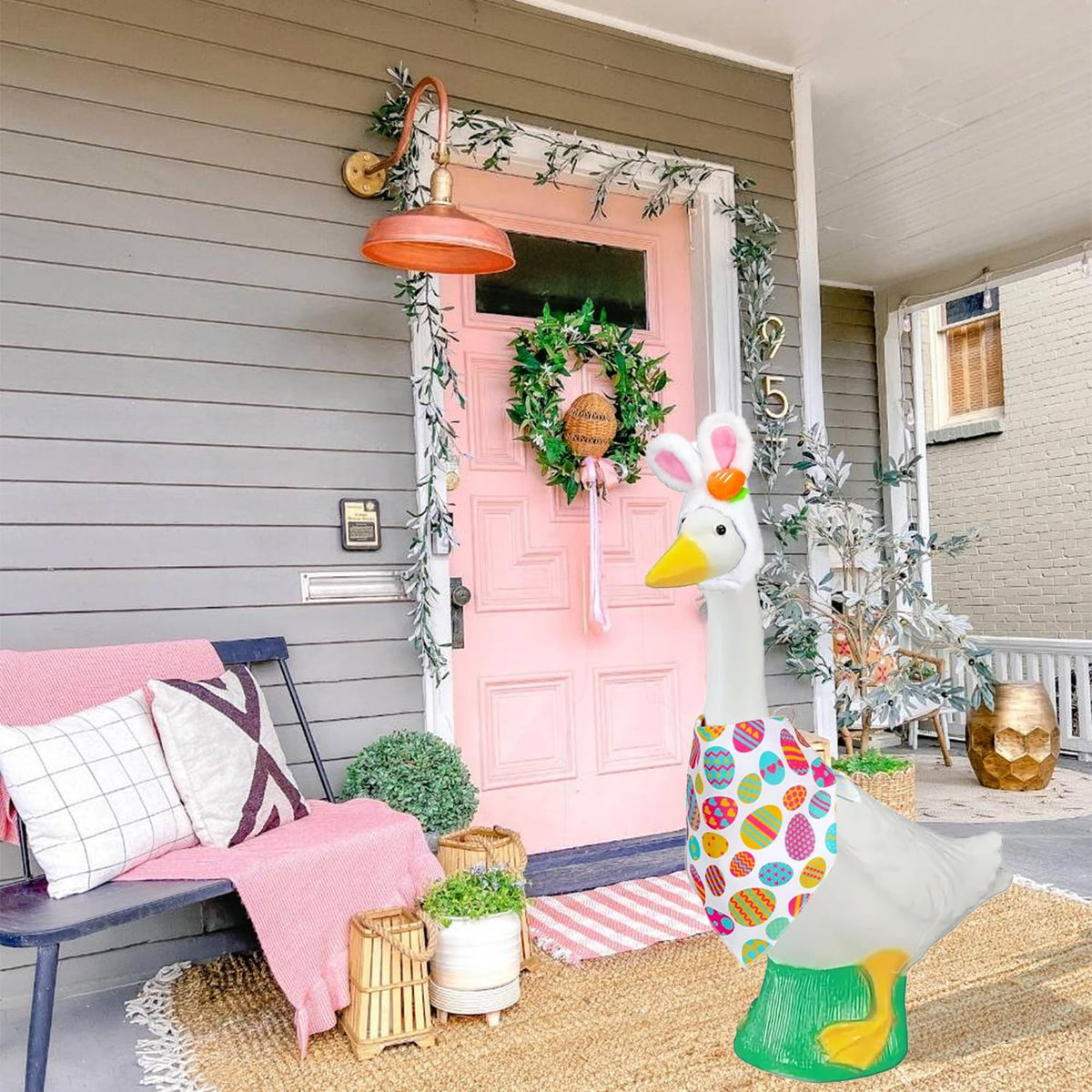 HaWeier Easter Porch Goose Outfit on a porch goose in a welcoming display