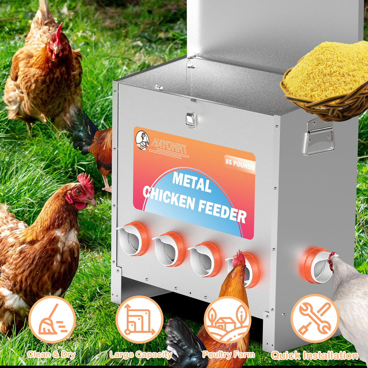 Hayohrt no-waste design reduces spills and conserves feed.
