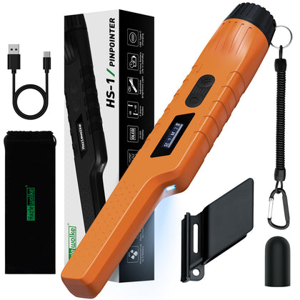 Hazlewolke pinpointer rechargeable handle close-up highlighting ergonomic grip for extended use.