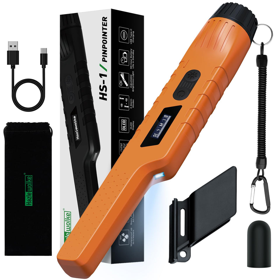 Hazlewolke pinpointer rechargeable handle close-up highlighting ergonomic grip for extended use.