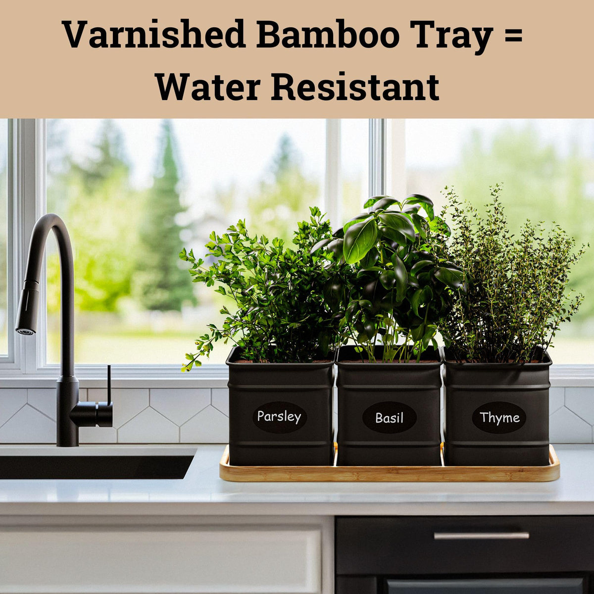 HB Design Co. varnished bamboo tray adds warmth and protects surfaces.
