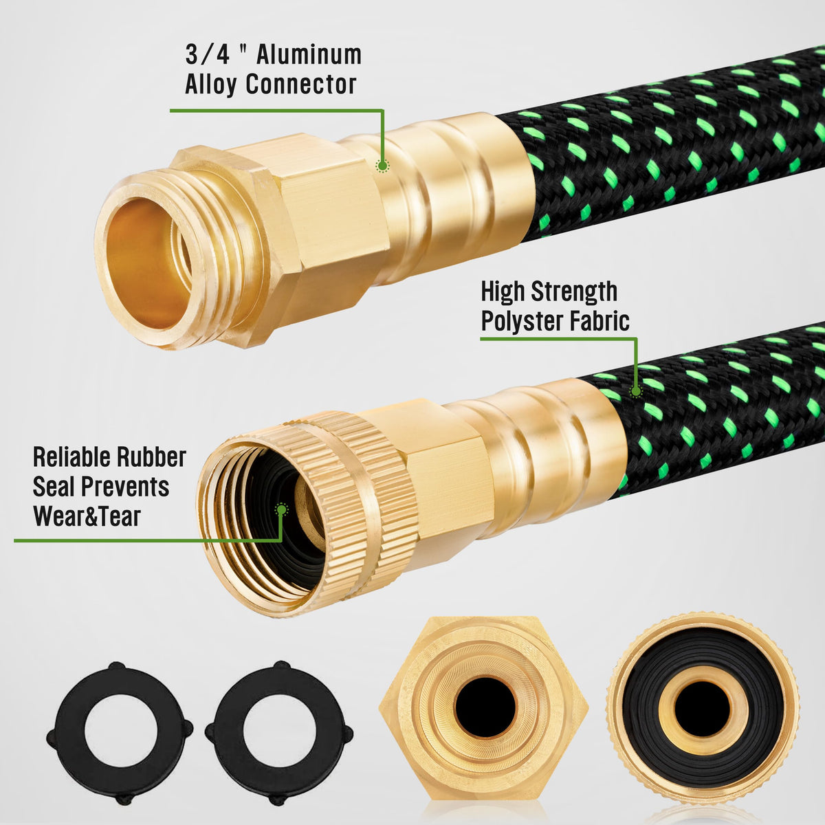 HBlife garden hose with aluminum ends for leak-free connections.