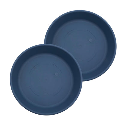 The HC Companies 14in classic round saucer in slate blue catches excess water to protect floors.