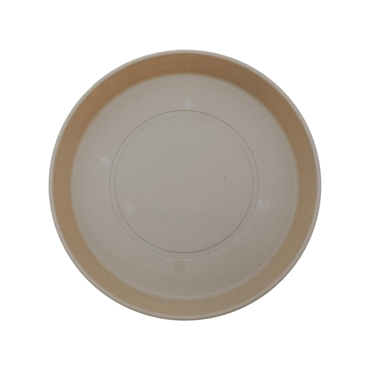 The HC Companies Round Prima saucer in sandstone shows durable plastic for long-lasting drainage.