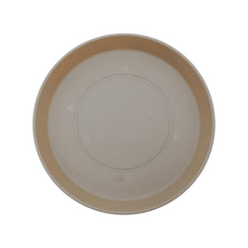 The HC Companies Round Prima saucer in sandstone shows durable plastic for long-lasting drainage.