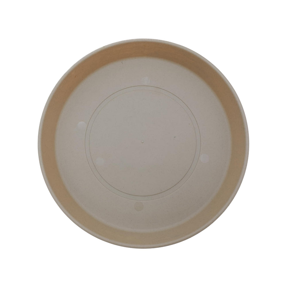 The HC Companies Round Prima saucer in sandstone shows durable plastic for long-lasting drainage.