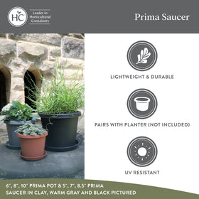 The HC Companies Round Prima saucer catches excess water indoors, keeping counters dry.