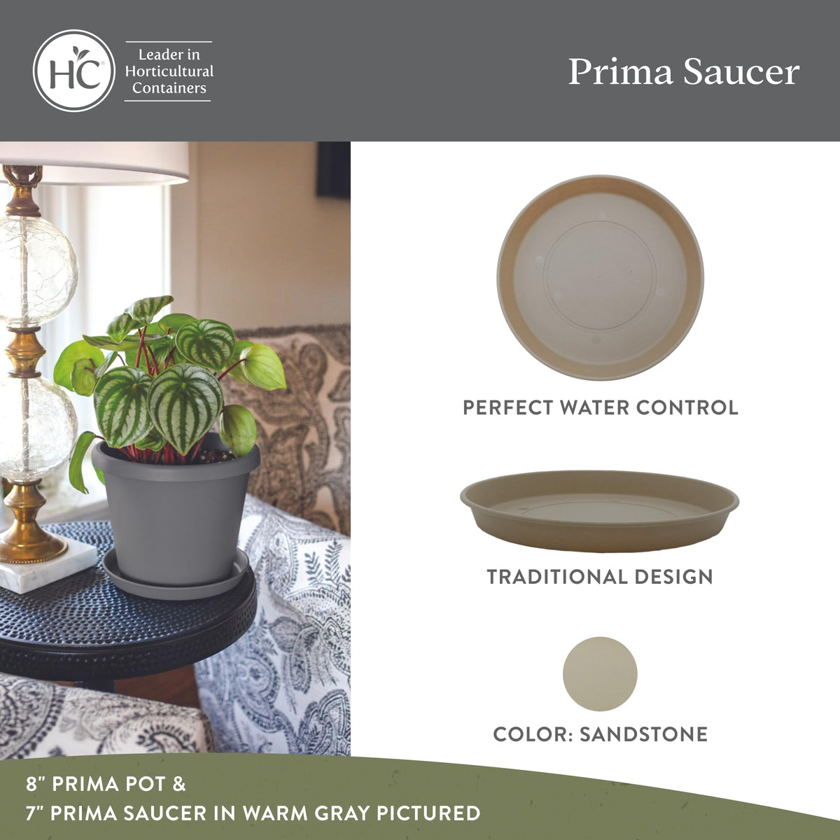 The HC Companies Round Prima saucer under an outdoor pot protects surfaces and controls water.