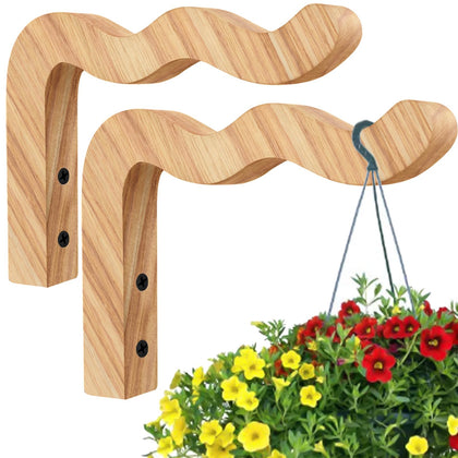 HCDHAKN wave-shaped hanging plant hook highlights natural wood finish for indoor or outdoor decor that saves wall space