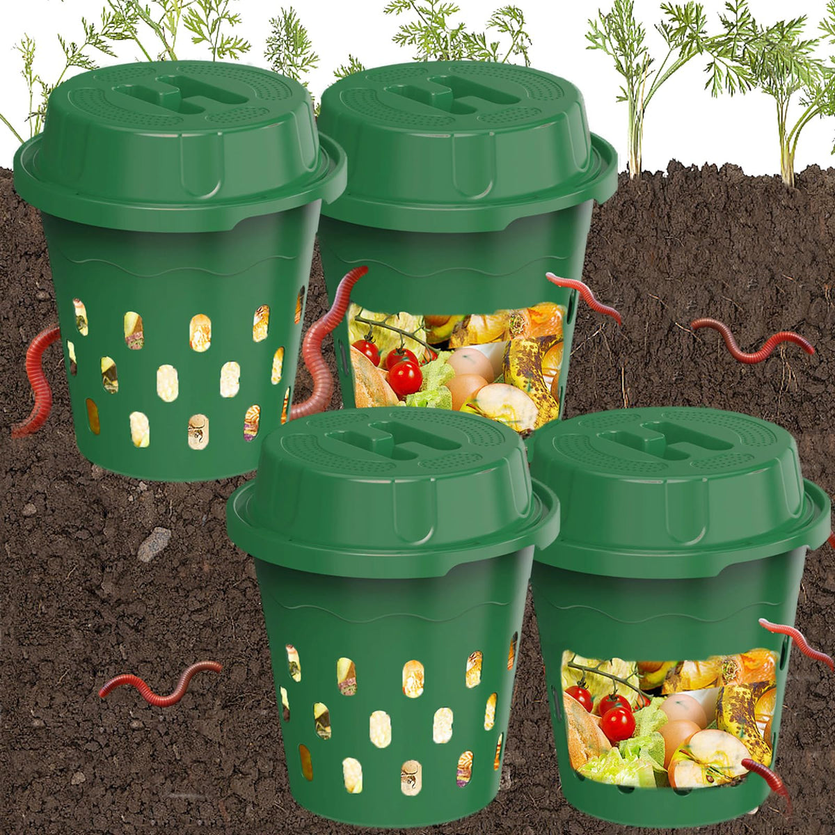 HCGADON 4-pack inground worm bin in green, designed for discreet garden-based composting.