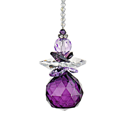 H&D hanging crystal angel suncatcher in purple catches rainbow light for window decor.