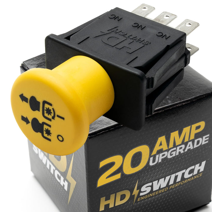 HD Switch 20A PTO switch front view shows rugged build for John Deere Ztrak