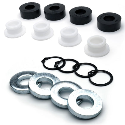 HD Switch deck-height kit components laid out for Walker mowers, ready for quick replacement