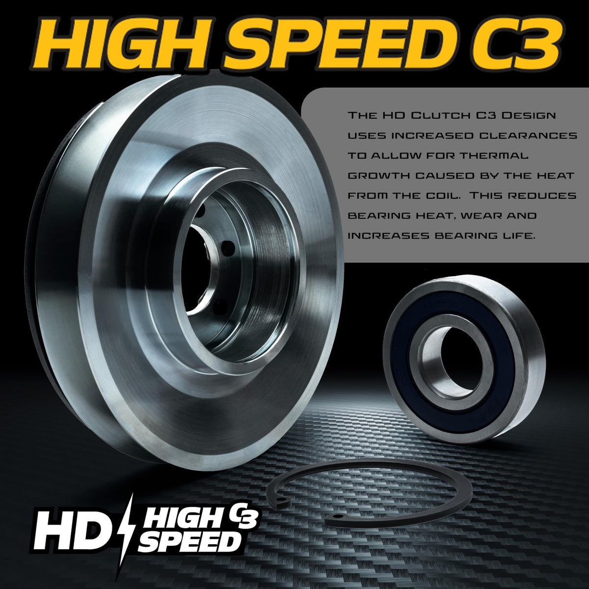 HD Switch Billet pulley with snapring enables easy bearing replacement.
