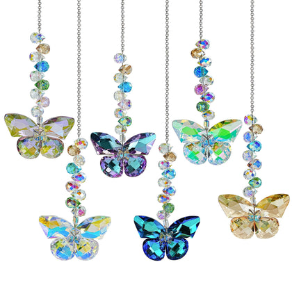 HDCRYSTALGIFTS 6-piece crystal butterfly suncatchers sparkle in sun, casting colorful rainbows on windows.